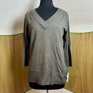 V-Neck Sweater with Faux Buckle Detail